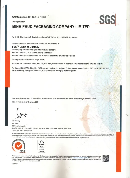 Giấy chứng nhận FSC Chain-of-Custody của Bao Bì Minh Phúc do SGS cấp