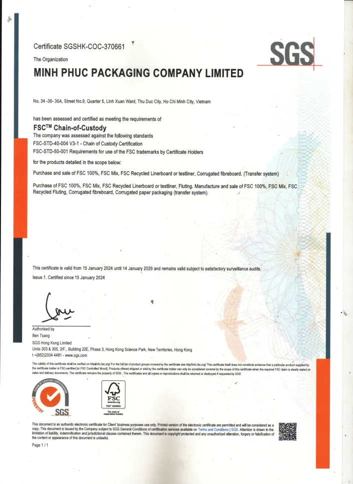 Giấy chứng nhận FSC Chain-of-Custody (số SGSHK-COC-370661) của Bao Bì Minh Phúc do SGS cấp