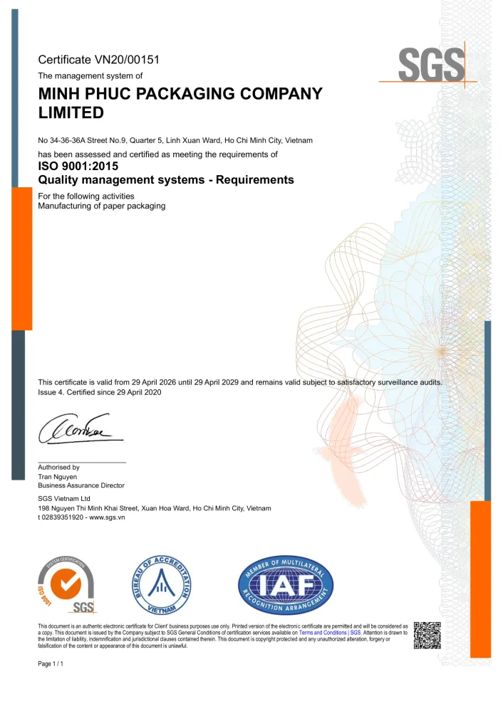 Giấy chứng nhận ISO 9001:2015 (số VN20/00151) của Bao Bì Minh Phúc do SGS cấp