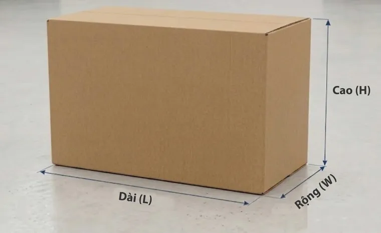Cách đo kích thước thùng carton: Dài (L), Rộng (W), Cao (H)